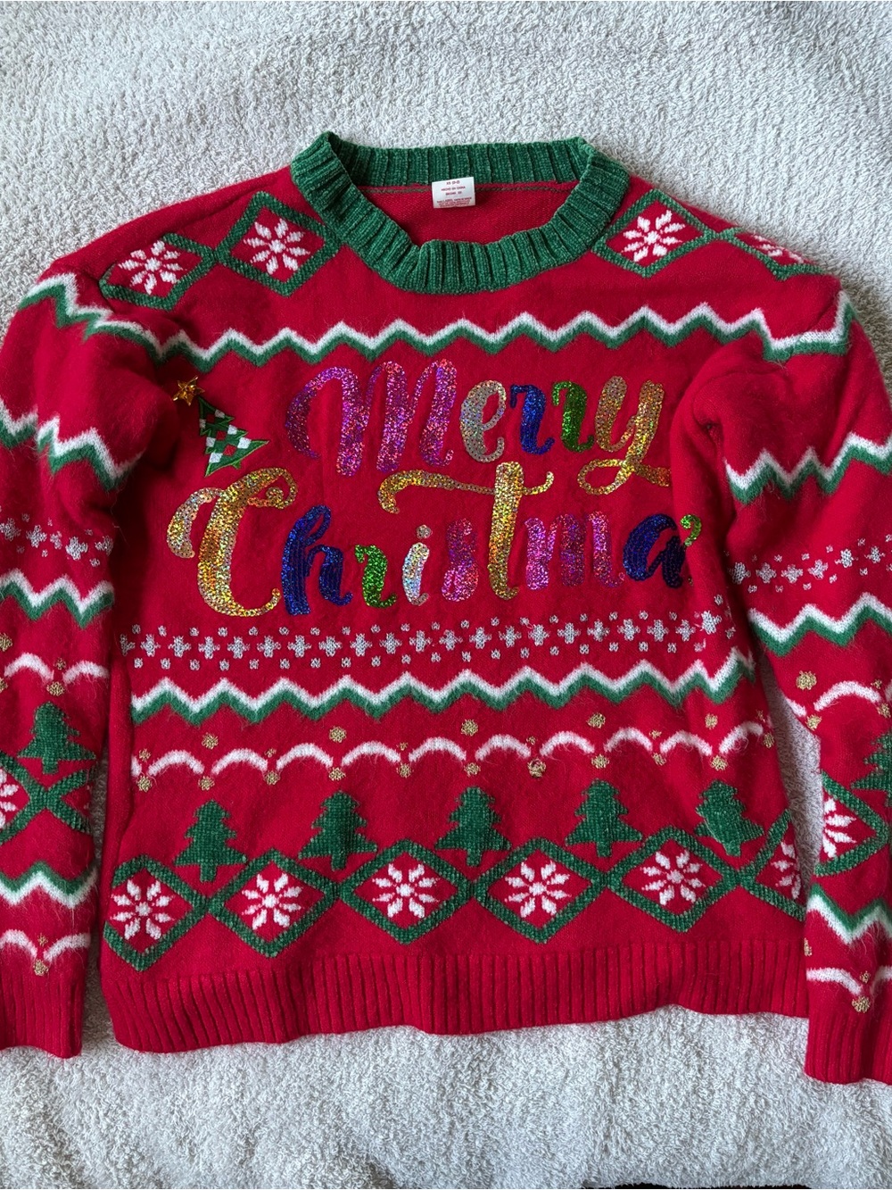 Holiday Time Red Merry Christmas Crewneck Sweater with Green Trim